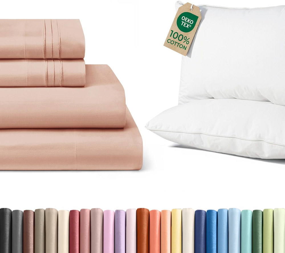 Queen 4-Piece Sheet Set & 2 Cotton Bed Pillows Bundle