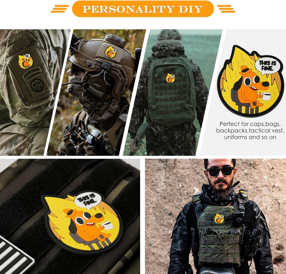 This Is Fine Dog PVC Patch, 1 Pc PVC Rubber Meme Morale Patch with Hook and Loop