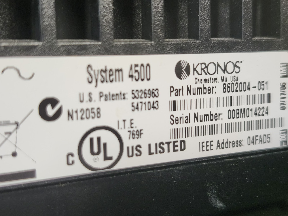 KRONOS System 4500 Time Clock Card Reader Terminal touch ID and power supply