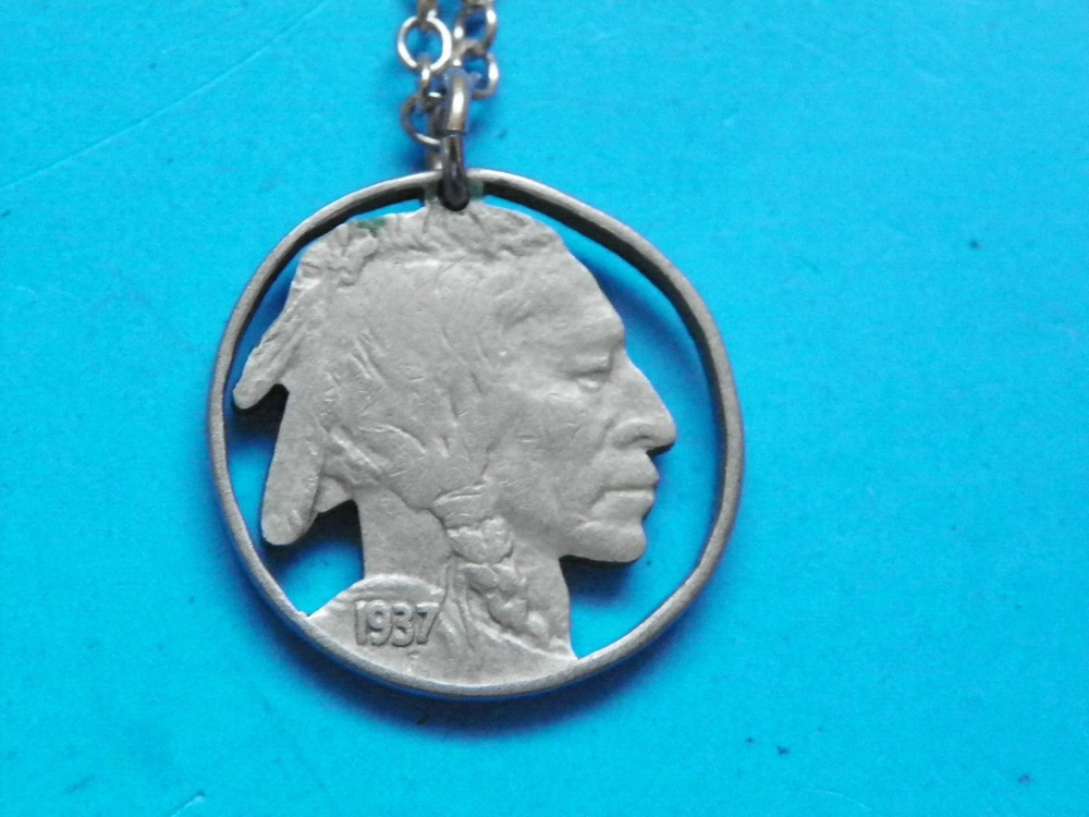 1937 ORIGINAL CUT OUT U.S. FIVE CENT NICKEL WITH 20" CHAIN