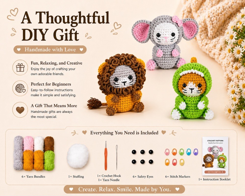 Cat Crochet Kit 3 Pack for Beginners Amigurumi DIY Set with Video Tutorial