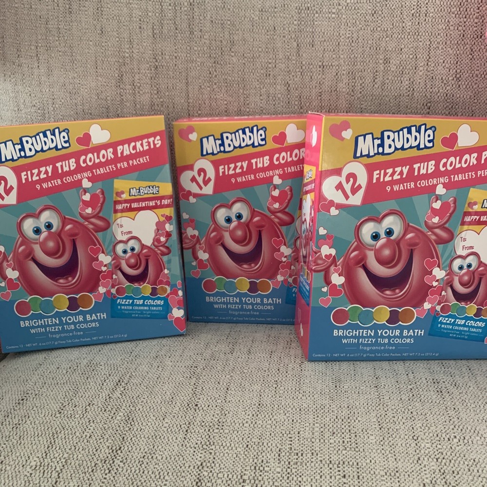Lot 3 Mr. Bubble Fizzy Tub Color 12 Packets Each 36 Total Classroom Valentines
