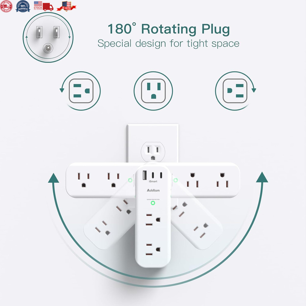 Multiple Plug Outlet Extender, 6 Wall Outlets and 3 USB Ports (2 USB C), Multi O