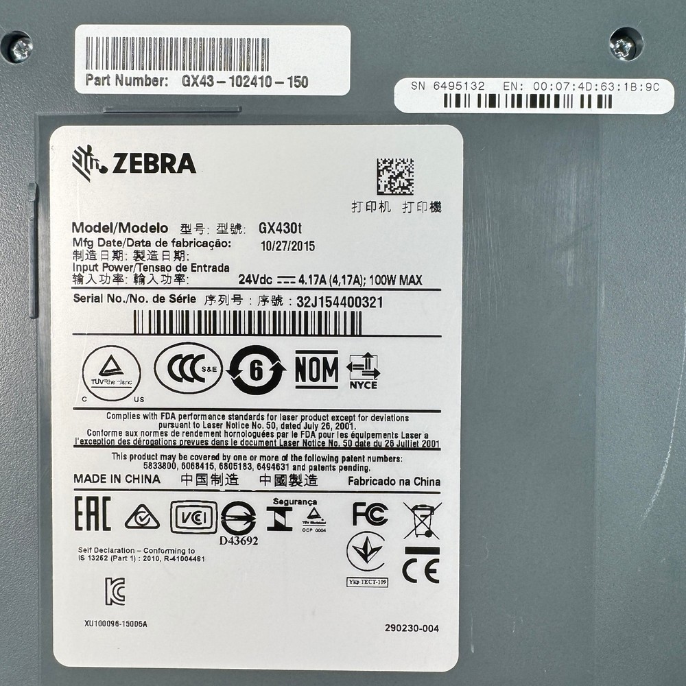 Zebra GX430T Thermal Barcode Label Printer 300 dpi USB LAN Serial No Adapter