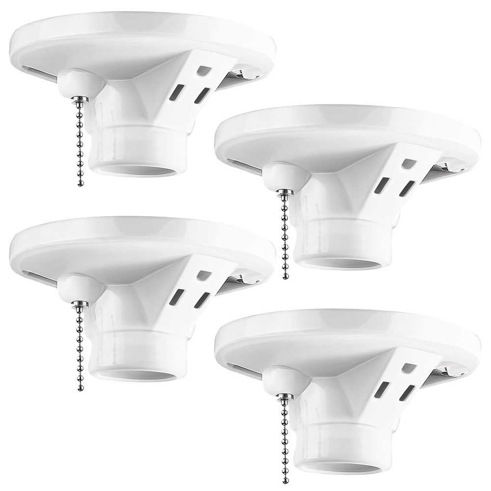 4 Pack Porcelain Light Socket with Outlet and Pull Chain Light Fixture, Bulb Soc