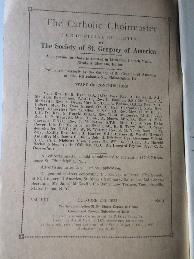 The Catholic Choirmaster Autumn Issue 1922
