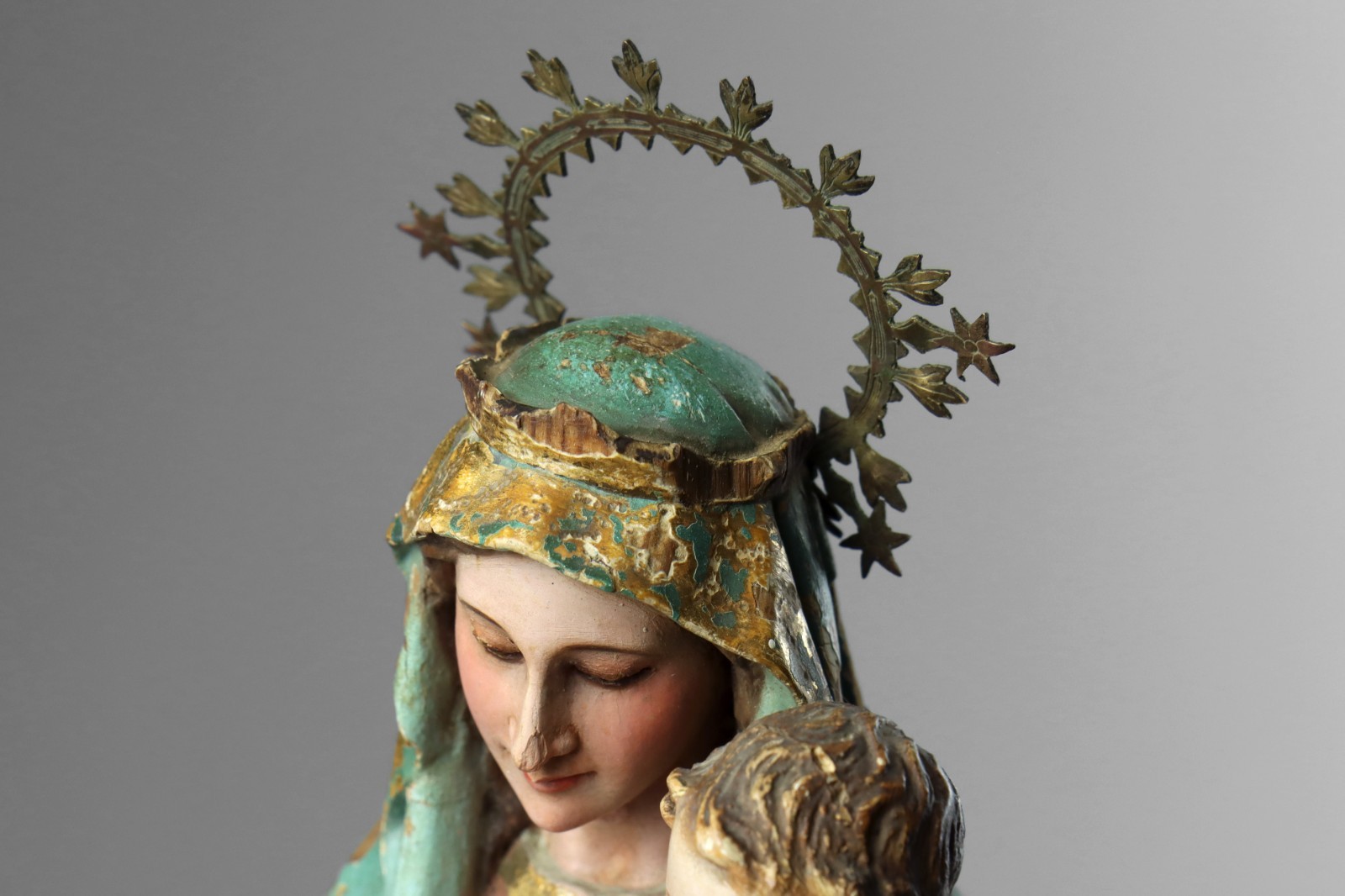 Antique 19th Century Carved Wood Polychrome Virgin Mary Madonna & Child Statue