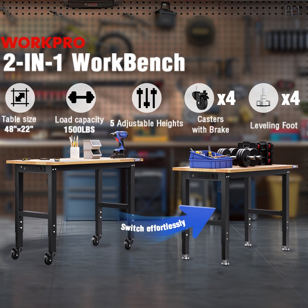 WORKPRO Adjustable Height Workbench 48"X22" Work Table With Wheels Leveling Foot