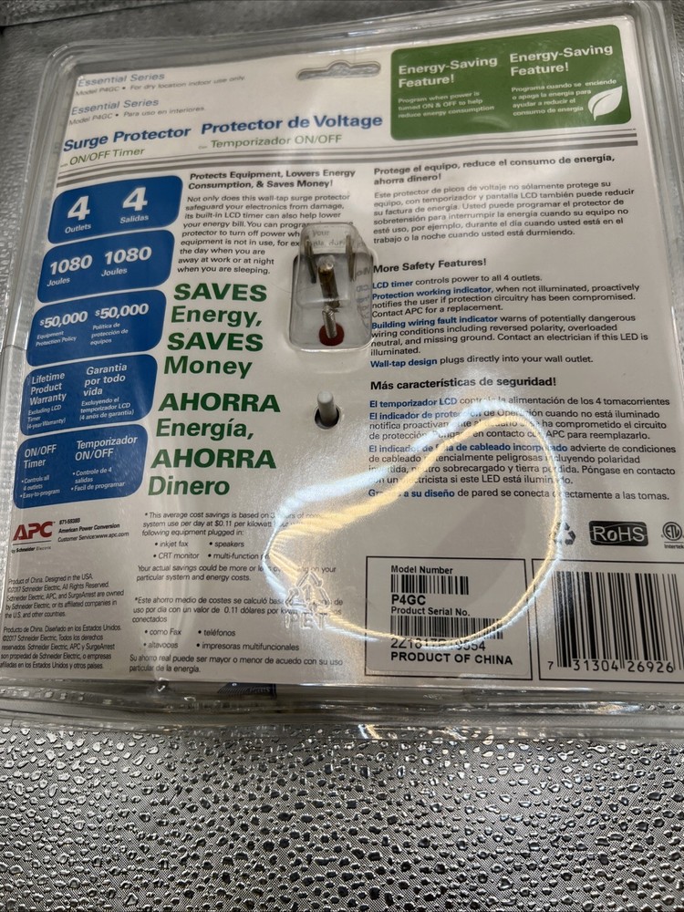 APC 4-Outlet Wall Surge Protector with Timer-Controlled Outlets, SurgeArrest ...