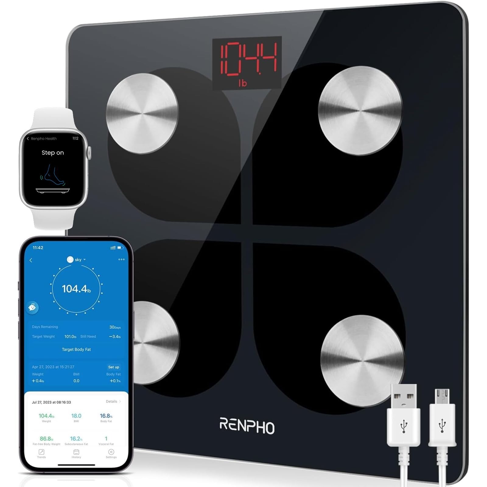 RENPHO Bluetooth Body Fat Scale Weight Scale Bathroom Scale Rechargeable Gift US