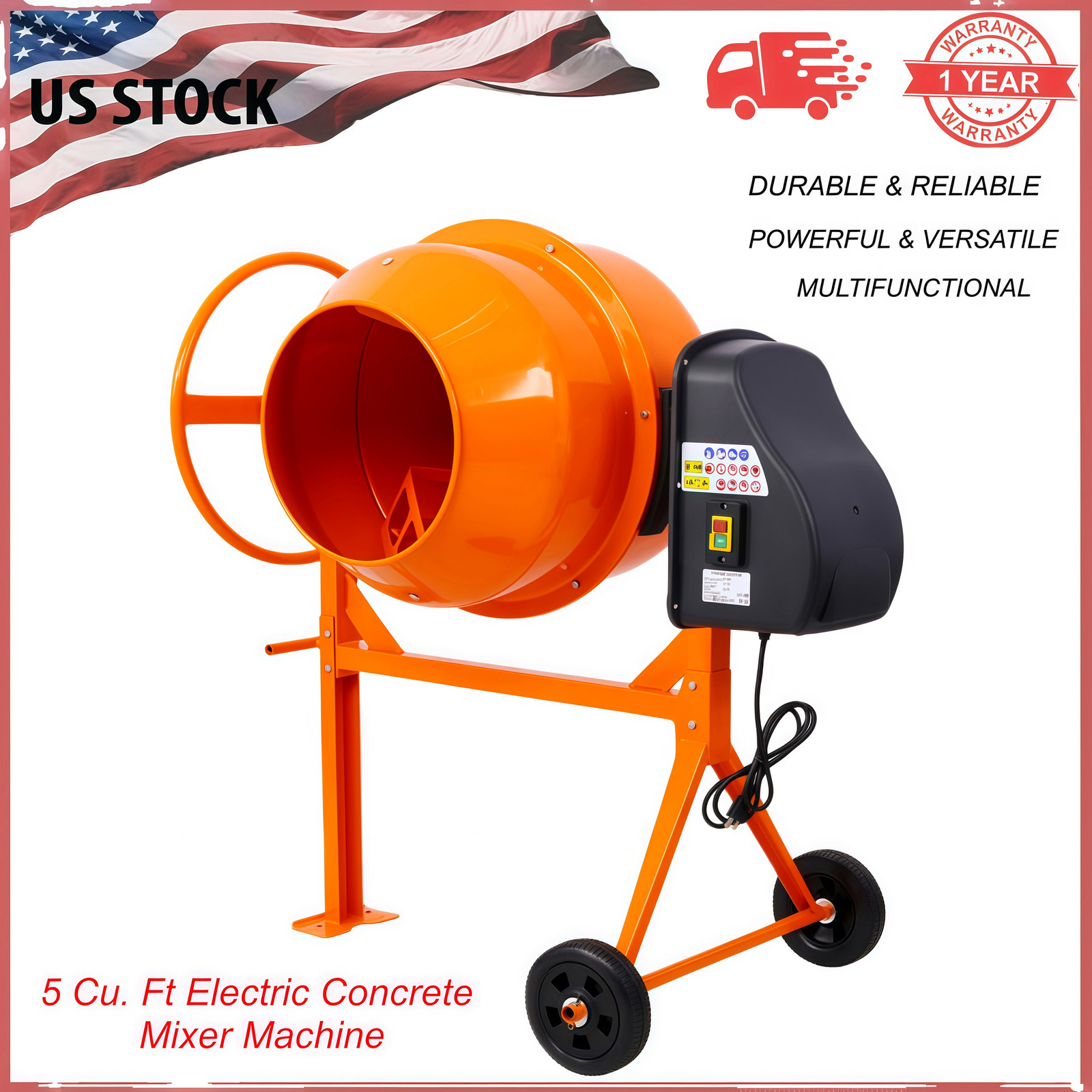 5 Cu. Ft Electric Concrete Mixer Machine Portable Power Cement Mixers for Fodder