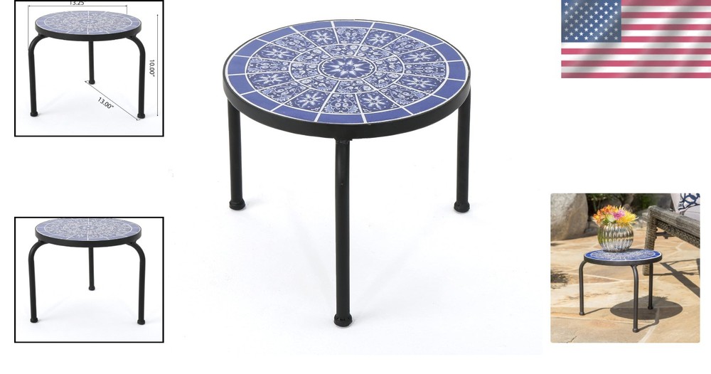 Versatile Ceramic Tile Side Table with Iron Frame - Perfect for Outdoor Decor