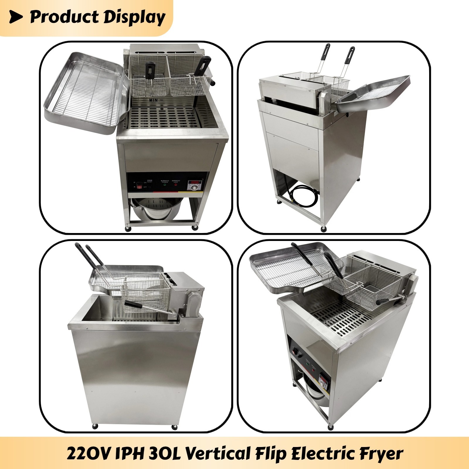 220V 1PH Vertical Flip Electric Fryer for Fried Chicken and Chips 30L 0-200˚C