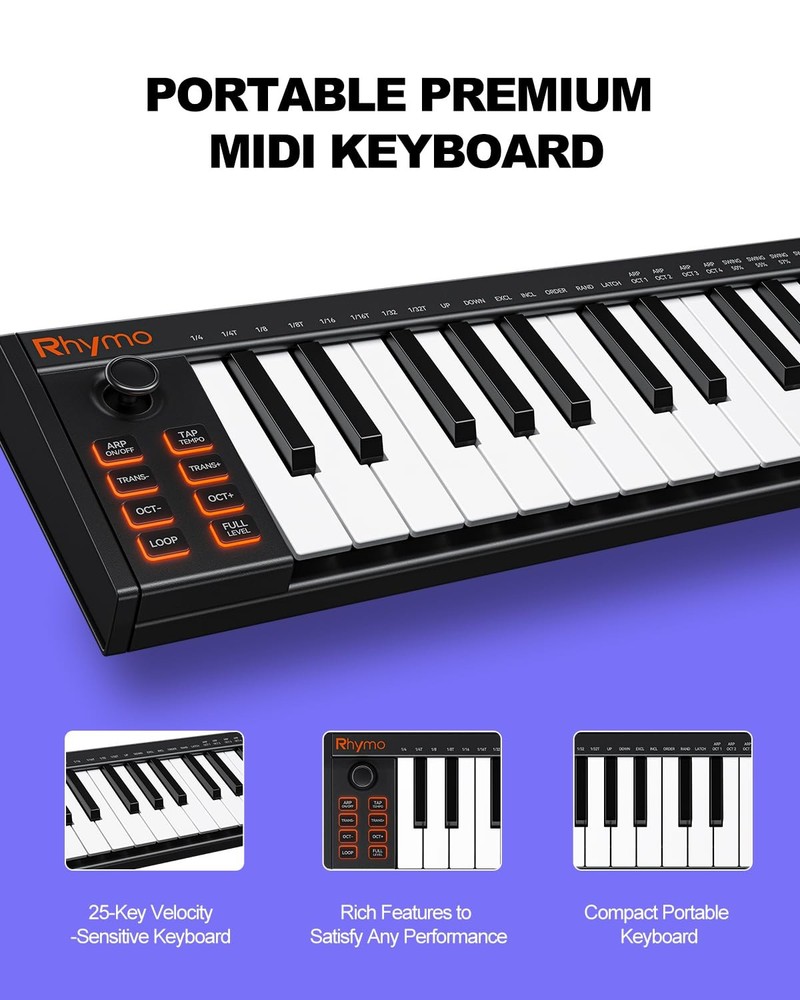 Mini MIDI Keyboard, 25 Key MIDI Controller for Beginner with Velocity-Sensiti...
