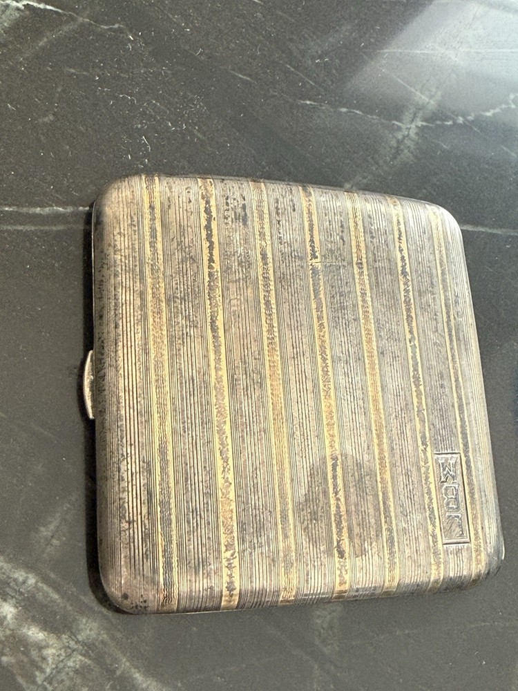 Solid Sterling Silver & 14K Gold Inlay Antique Cigarette Case 90 Grams