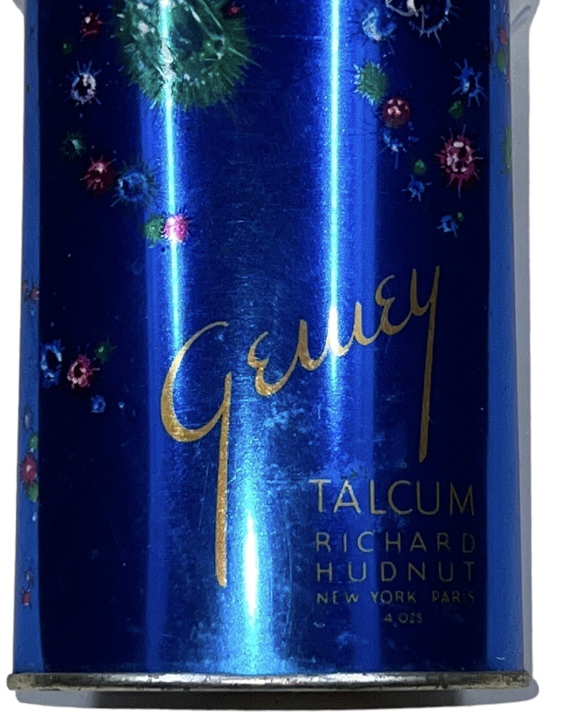 Rare Antique Gewey Talcum Powder Tin Litho Can Richard Hudnut Emerald Ruby Gems