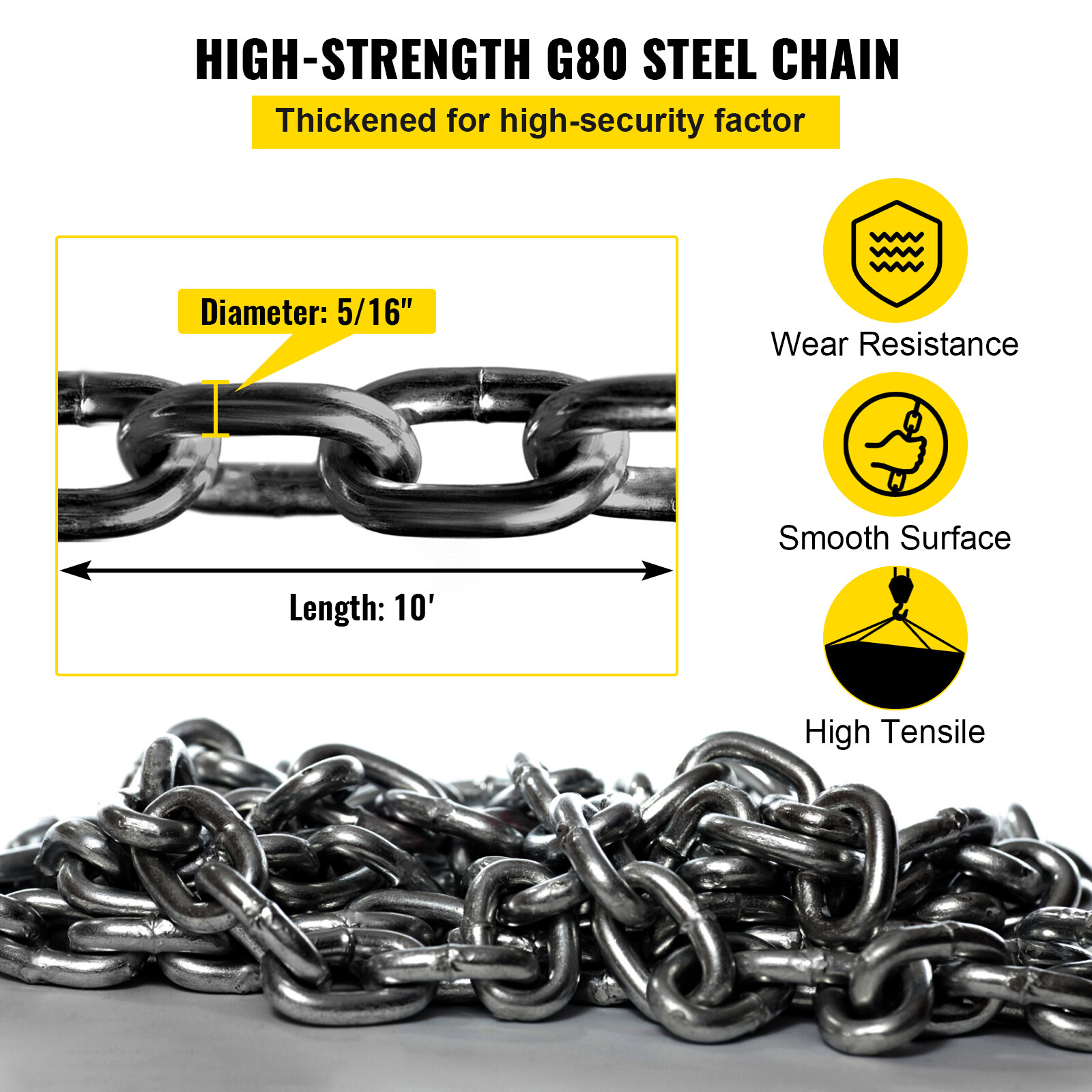 VEVOR 5/16"x10' Lifting Chain Sling G80 11023lbs 5Ton w/ 4 Legs ＆ Grab Hooks