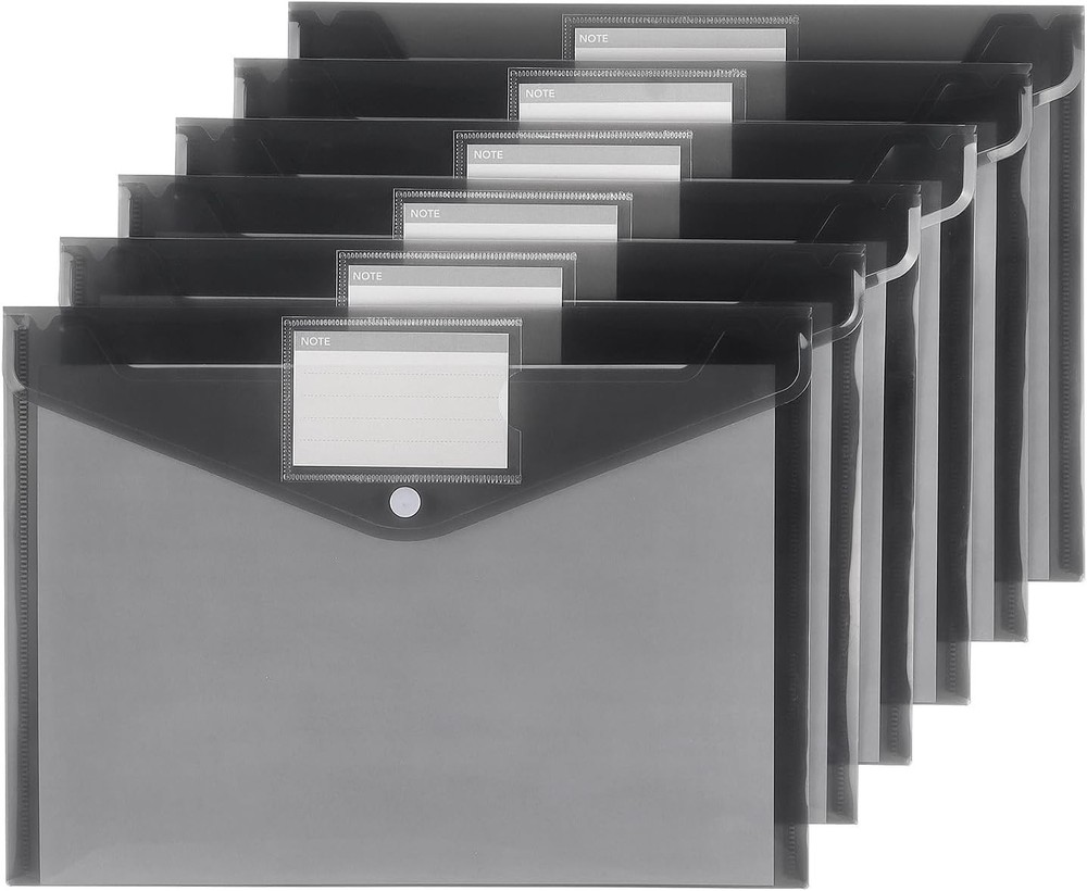 Translucent 6 Pack Plastic Envelopes with Snap Button & Label Pocket - Dark Grey