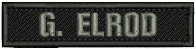 G. ELROD  EMB PATCH  1x5 hook on back  GRAY ON BLACK