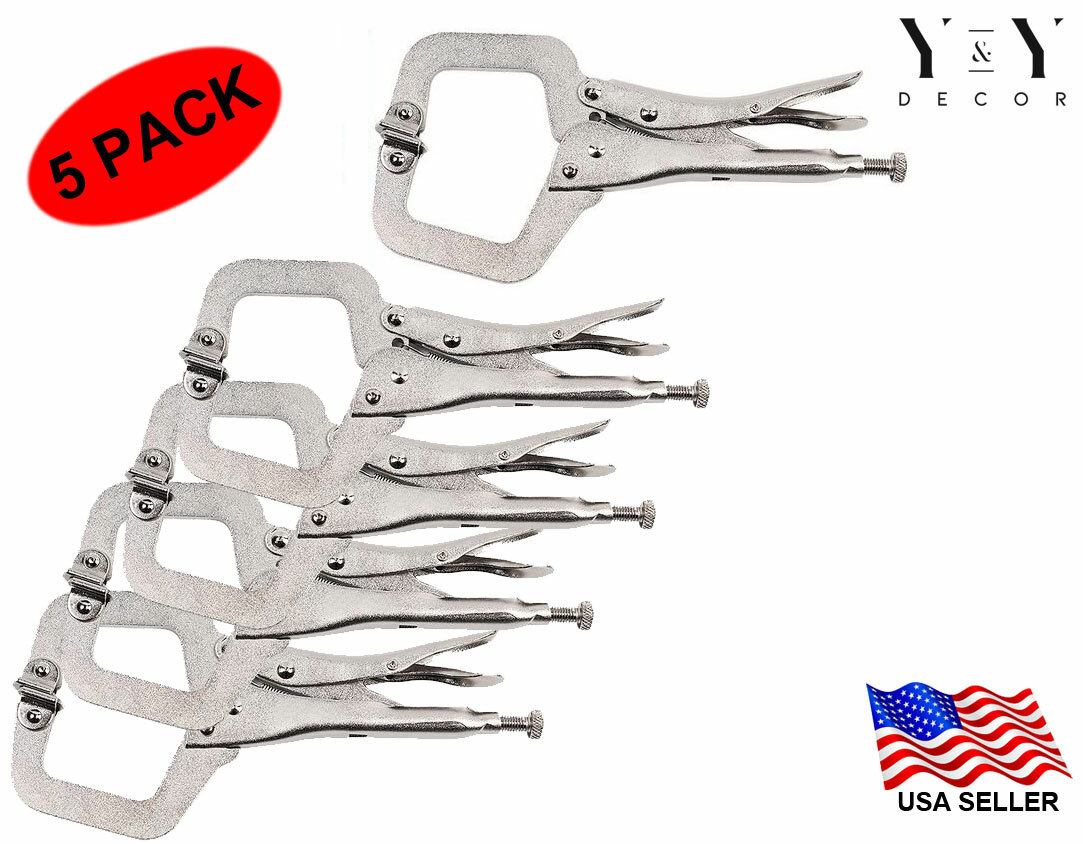 11" Locking C Clamp Pliers 5pc Set With Swivel Pads Welding Vise Clamps Holding