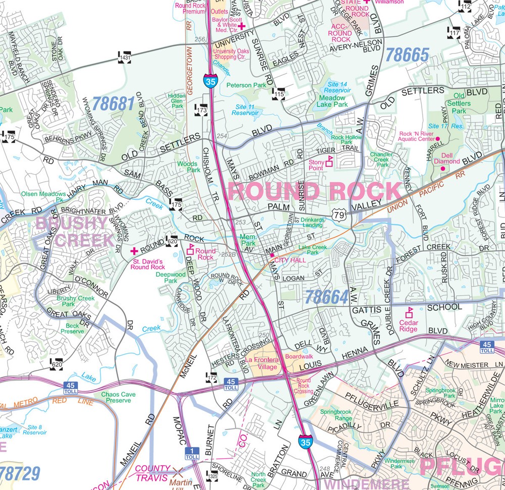 Greater Austin TX Detailed Region Wall Map w/Zip Codes