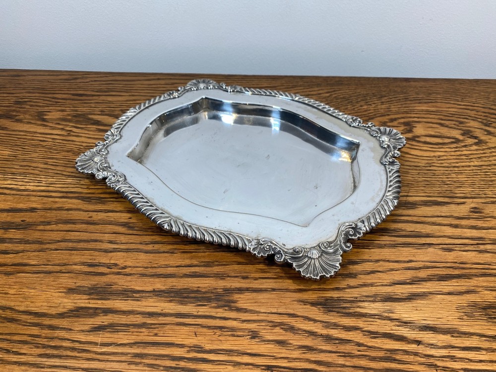 ANTIQUE 19TH C SHELL FORM FRAMED RECESSED SILVER PLATE TRAY DISH