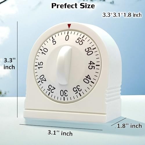 60 Minute Wind Up Timer, Visual Mechanical Timer with Loud Alarm, Manual White