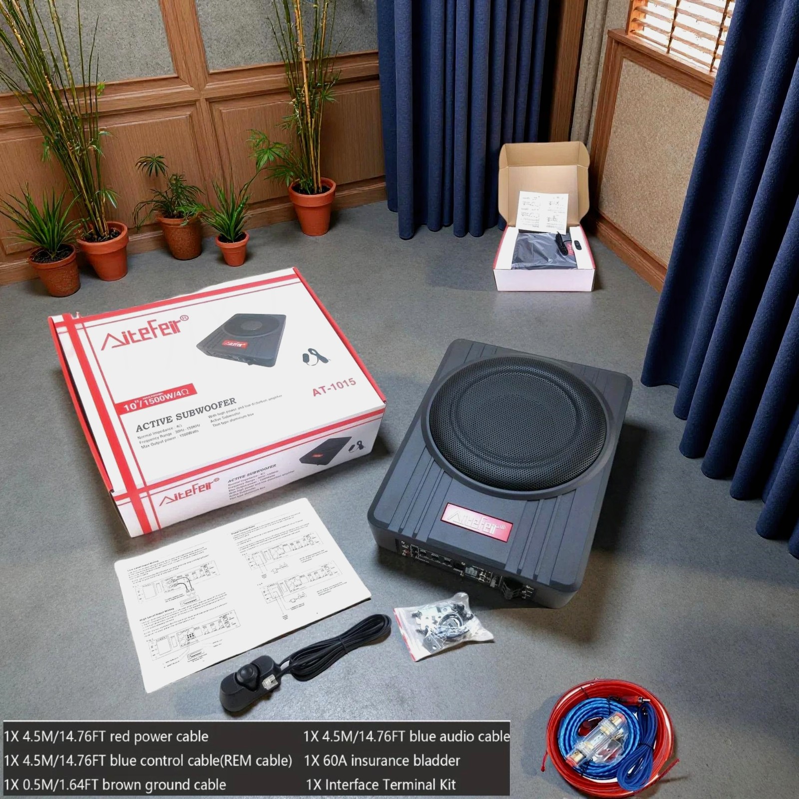 10" 1500W Car Subwoofer - Ultra-Slim Under-Seat, Built-in Amp, Enclosed