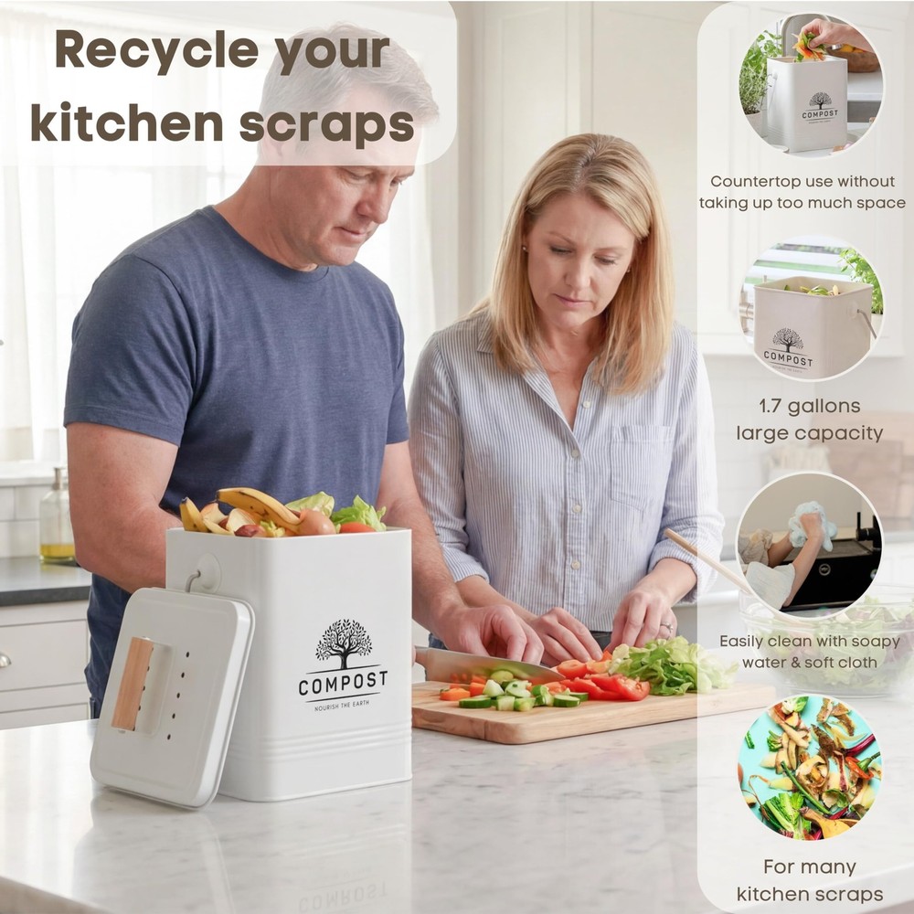 Kitchen Compost Bin, 1.7 Gallon Countertop Compost Bin with Lid, Indoor Compo...