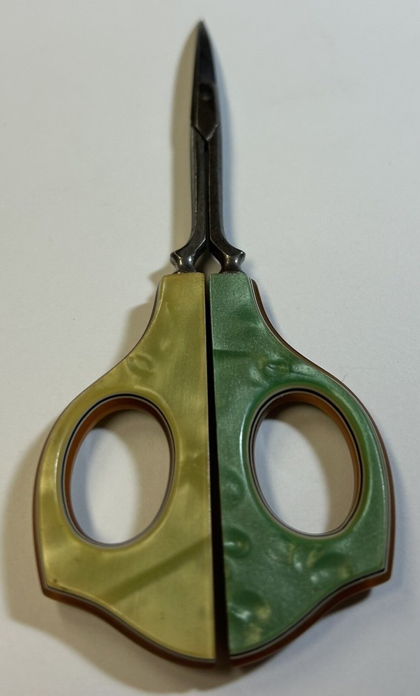 Green & Yellow Celluloid Handle Sewing Scissors, 5” Vintage