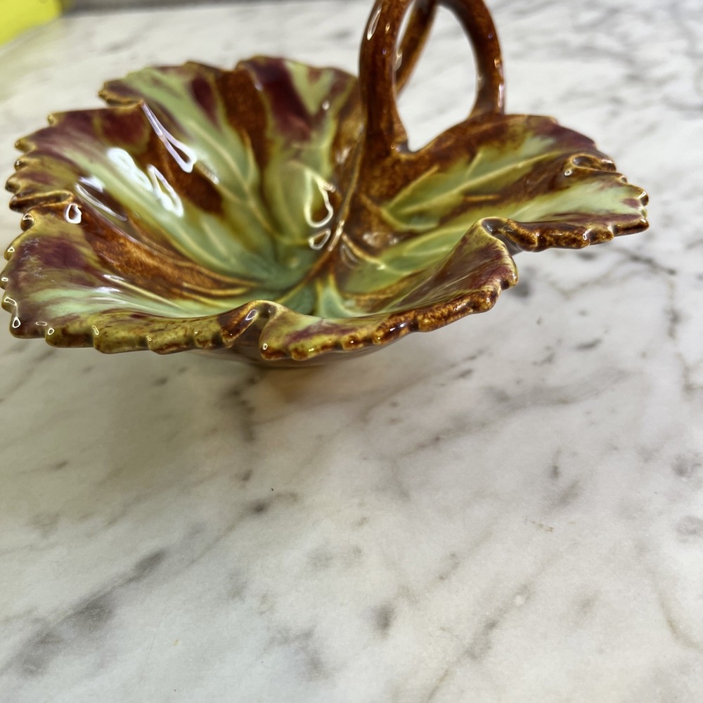 Vintage Maple Leaf Dish Green Brown Ceramic Double Loop Handle MCM