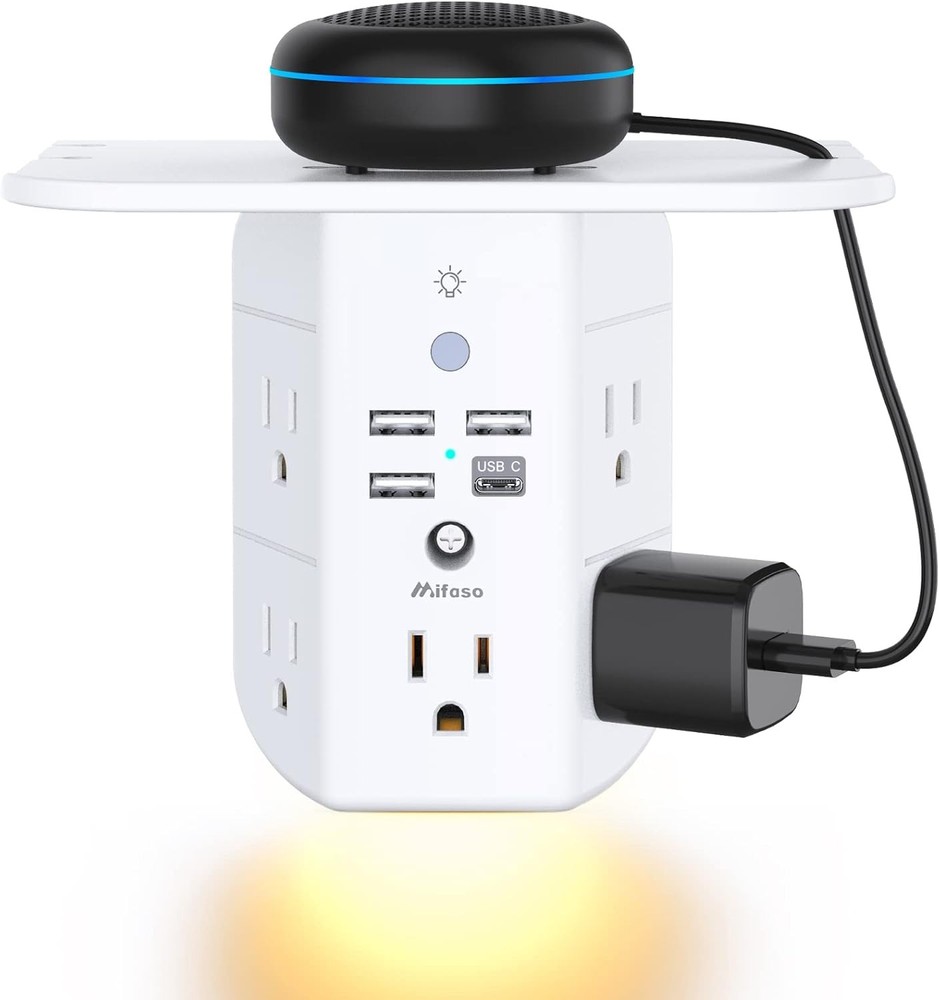 Wall Outlet Extender with Shelf and Night Light Surge Protector Wall Mount