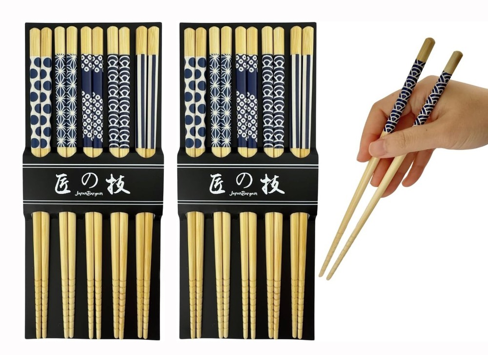 2 Pack 5 Pairs Japanese Bamboo Chopsticks Black & White Various Pattern 4520x2