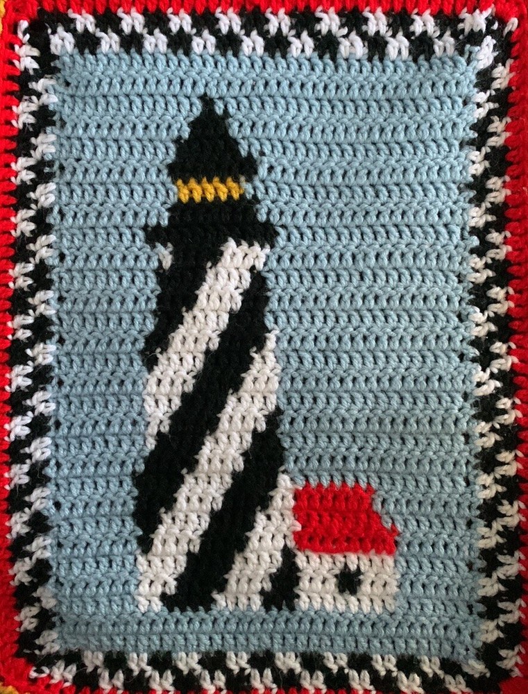 Handmade Nautical Theme Multicolored Lighthouse Patten Crochet Throw Blanket