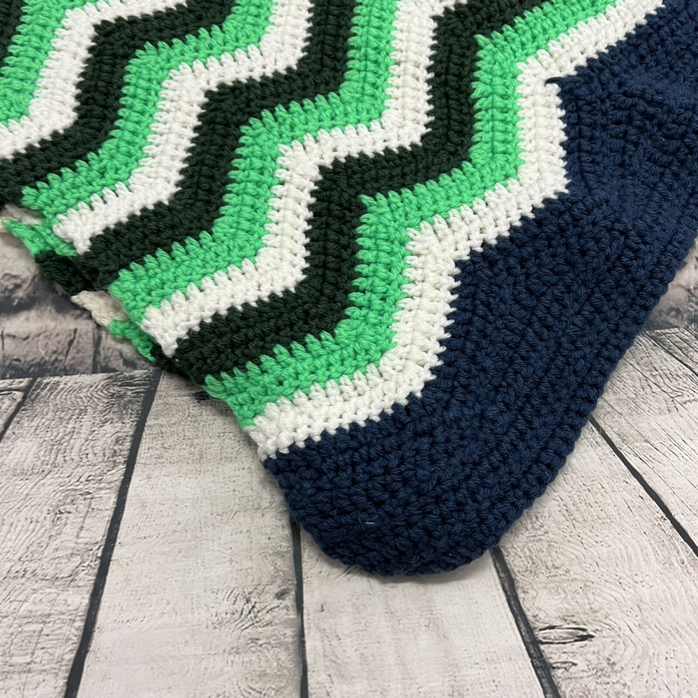 Handmade Afghan Chevron Green White Blue St. Patricks Rectangle Crochet