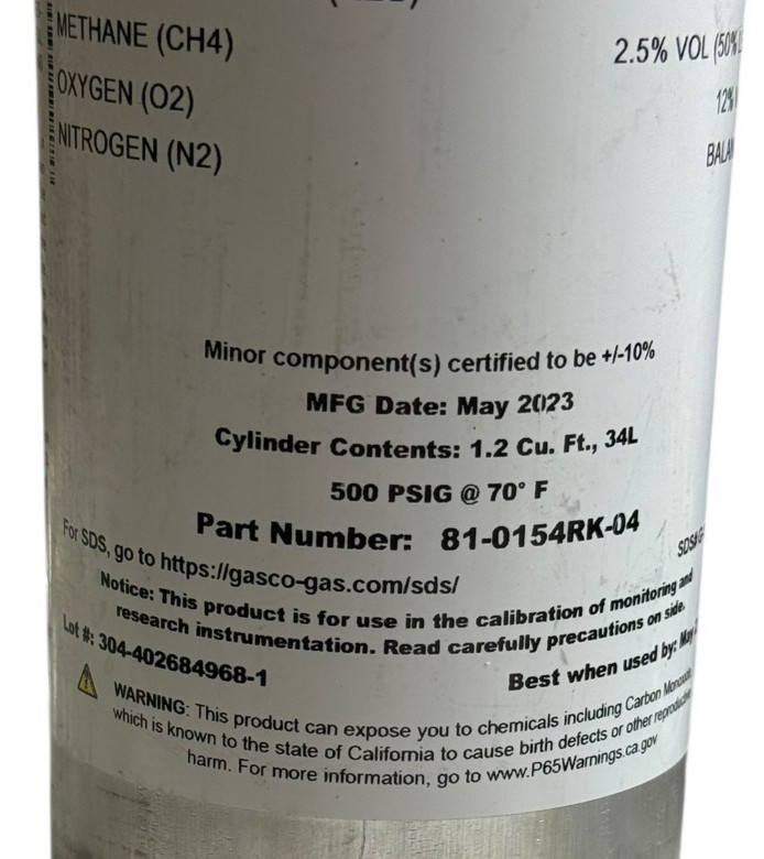 RKI Calibration Gas Cylinder 81-0154RK-04 CO H2S CH4 O2 Tank Only MADE IN USA
