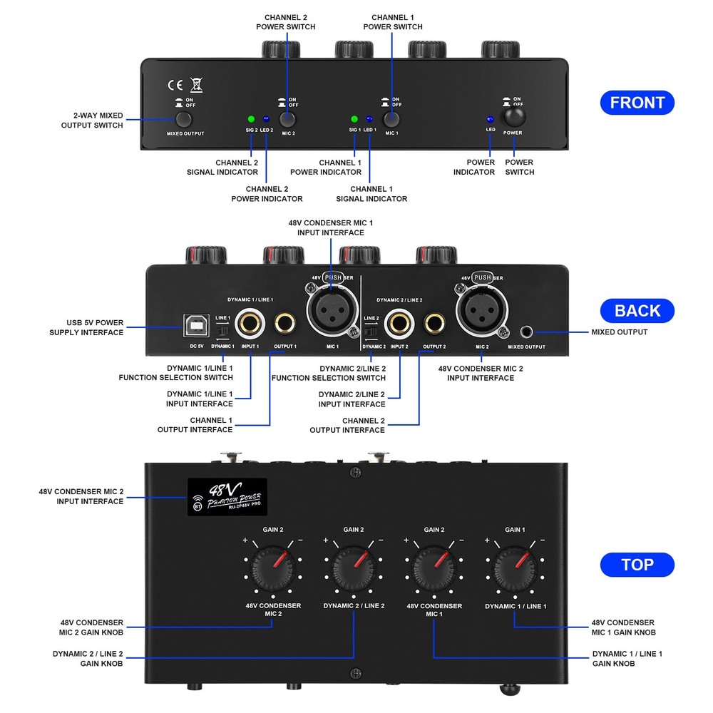 Microphone Preamp Mic 4 Input Max 25db DI Box with 48V Phantom Power for Dyna...