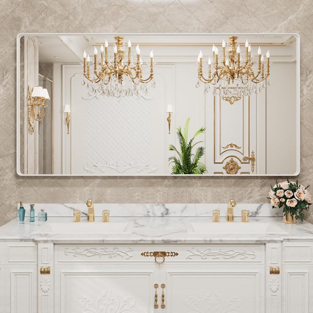 Large White Metal Framed Bathroom Mirror, Rounded Rectangle, Anti-Rust, Versatil