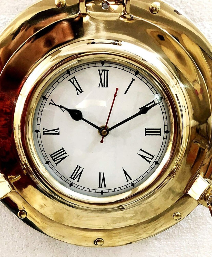 Antique Solid Shiny Brass Ship Porthole Analog Clock Nautical Wall Hanging Decor