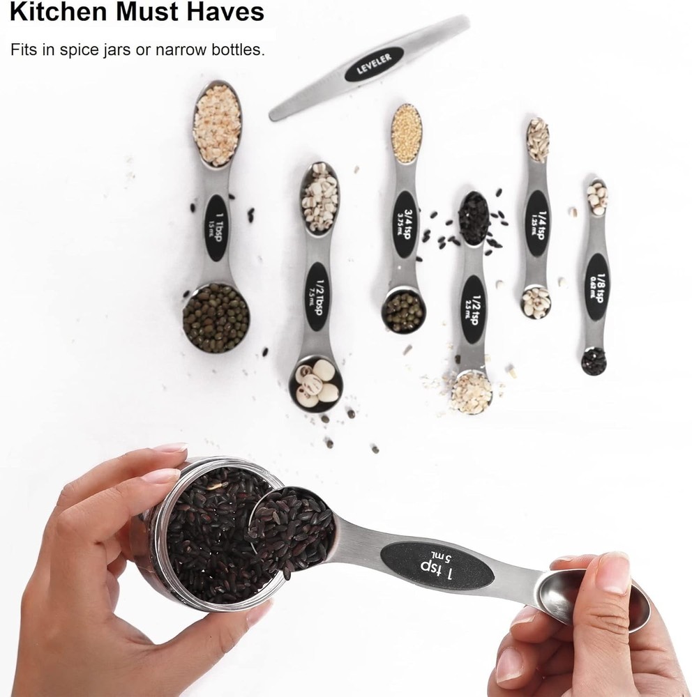 Magnetic Measuring Spoons Set Stainless Steel with Leveler, Stackable Metal T...