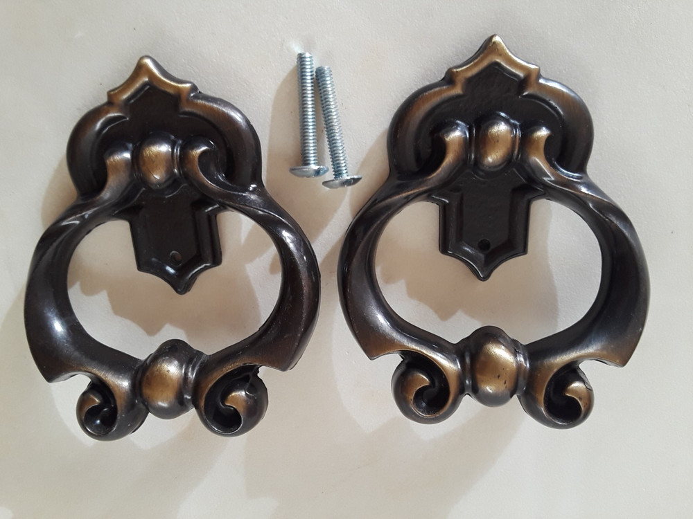 Two Antique Brass? Ornate Metal Drawer Cabinet Pull Knobs