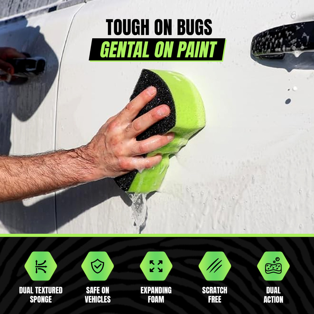 Grip Clean Dual Texture Car Wash Sponge - Multi Purpose Bug Foam Cleaner, 2 Pack