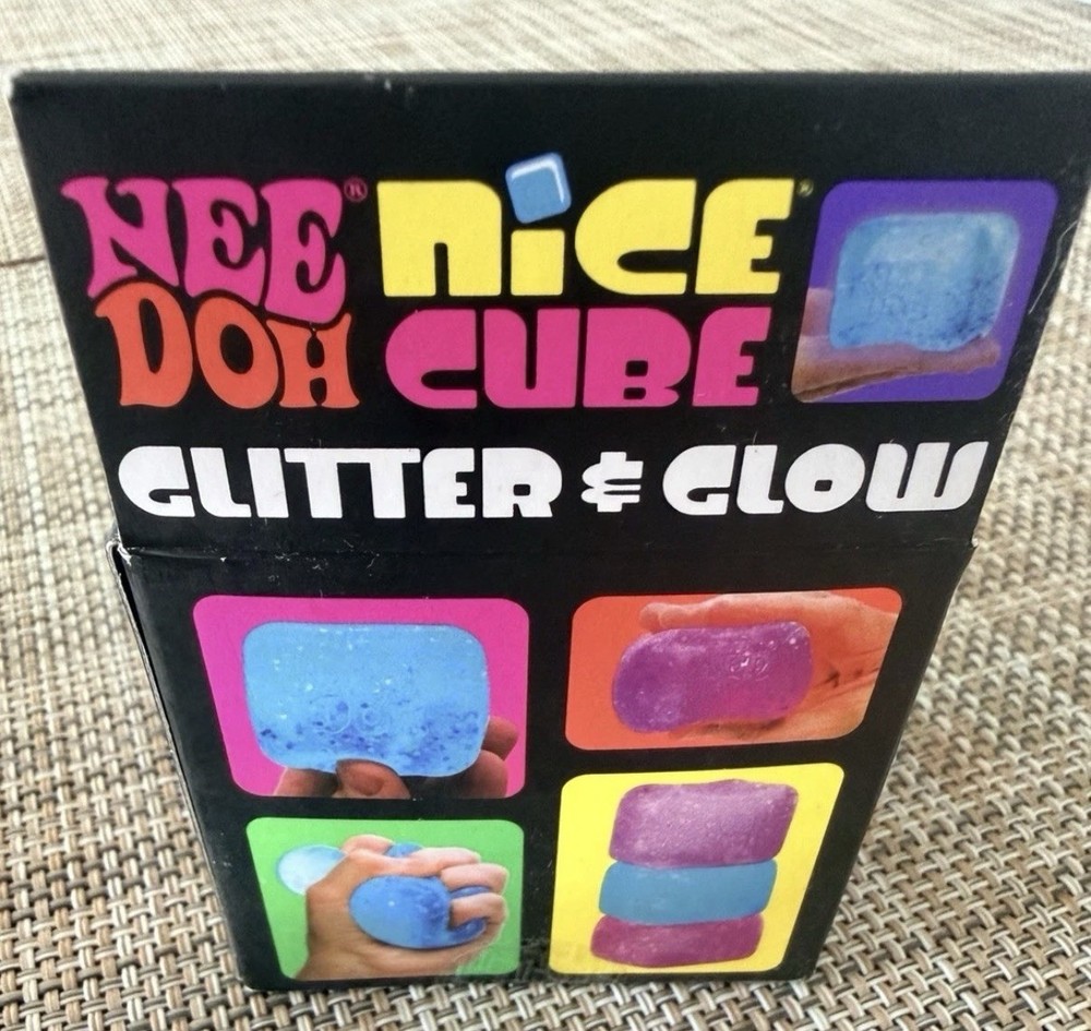 Nee Doh Nice Cube BLUE Glitter & Glow Super Solid Squish Squeezable RARE