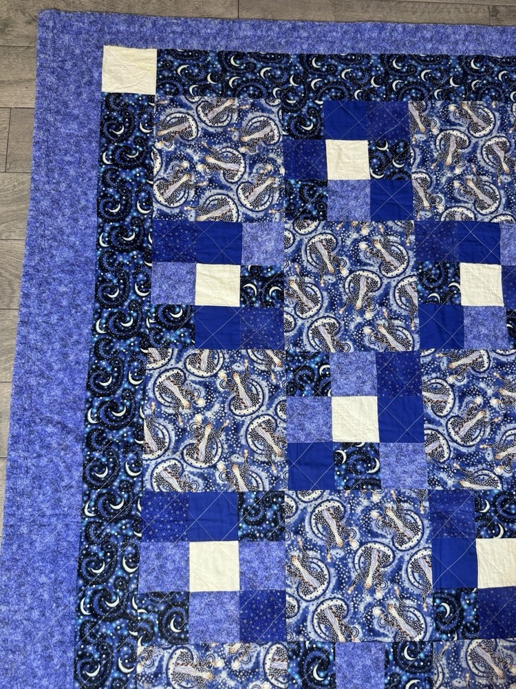 Handmade Modern Quilt Blue Celestial Wizard 9 Square Flannel Back Queen Signed