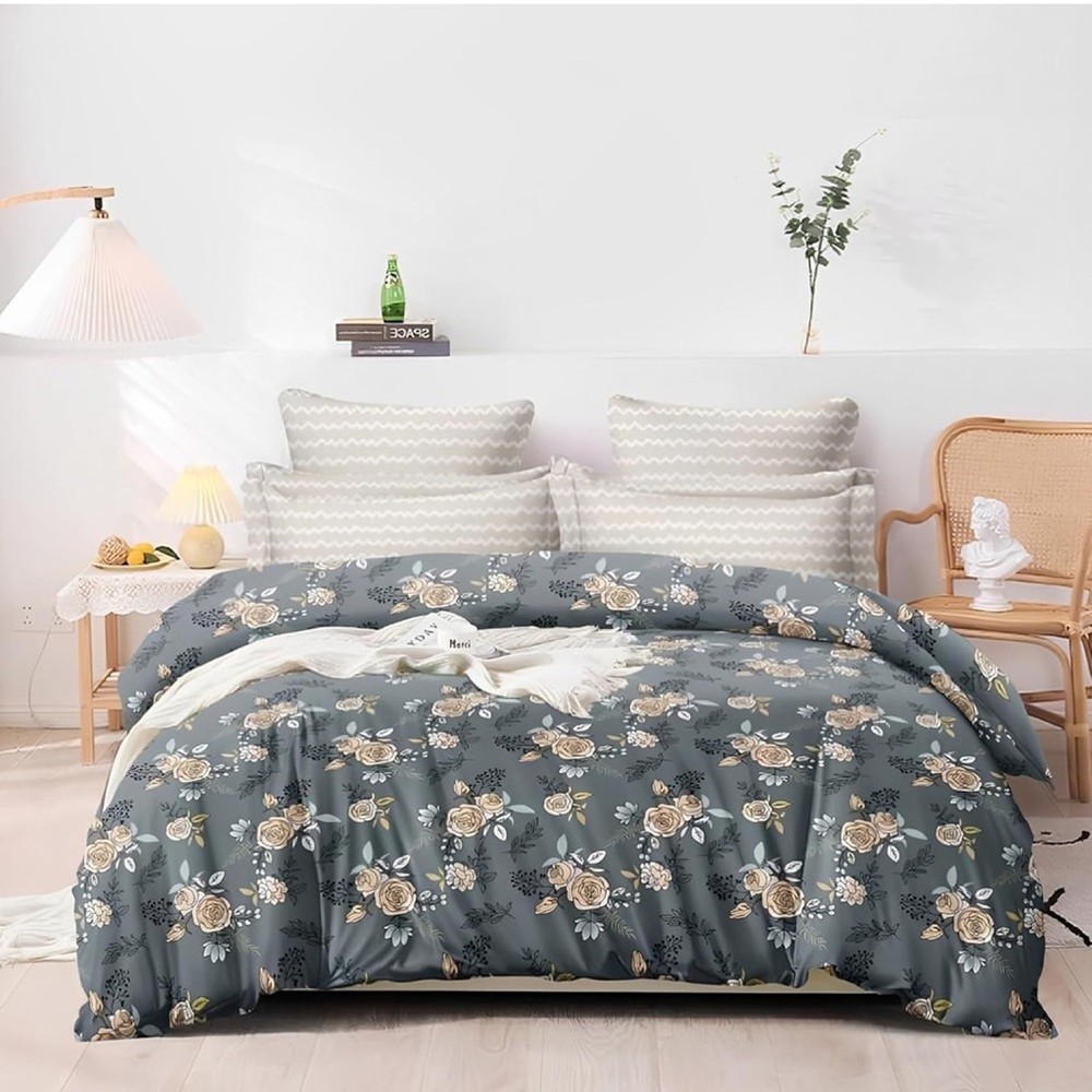 Microfiber All Weather Reversible Queen Comforter Gray Floral Blossom Pattern