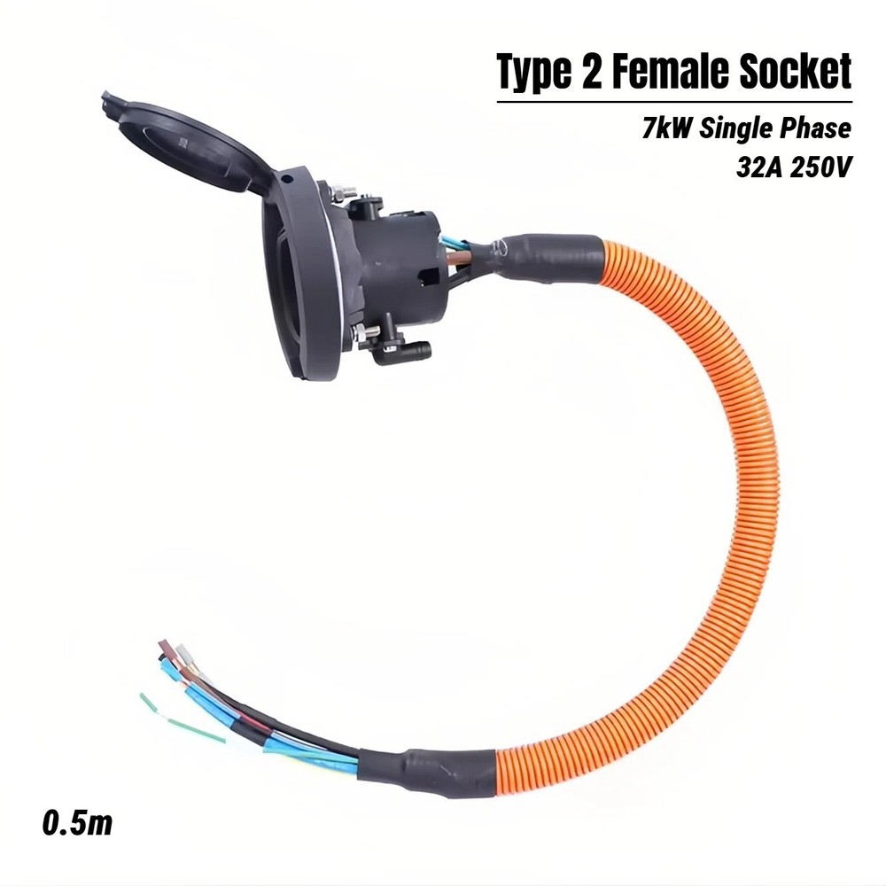 Type 2 Female EV Output Socket (station side), 32A 250V 7kW Single Phase, 0.5m