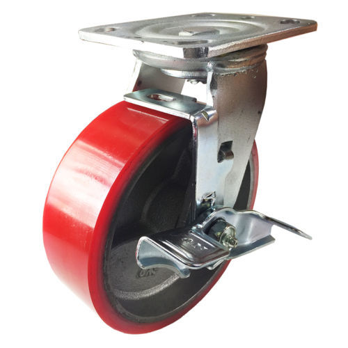 4 Heavy Duty Caster Set 4" 5" 6" Polyurethane on Cast Iron Wheels No Mark Red