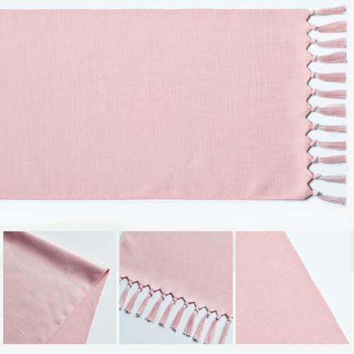 Tassel Table Runner, Linen Blend Rustic 13" x 48", Table Runner Blush Pink