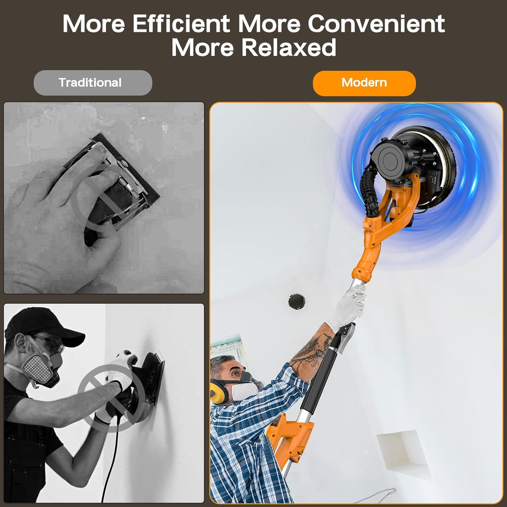 Drywall Sander with Vacuum, LED Light & 9 Speeds for Ceiling & Wall Texture