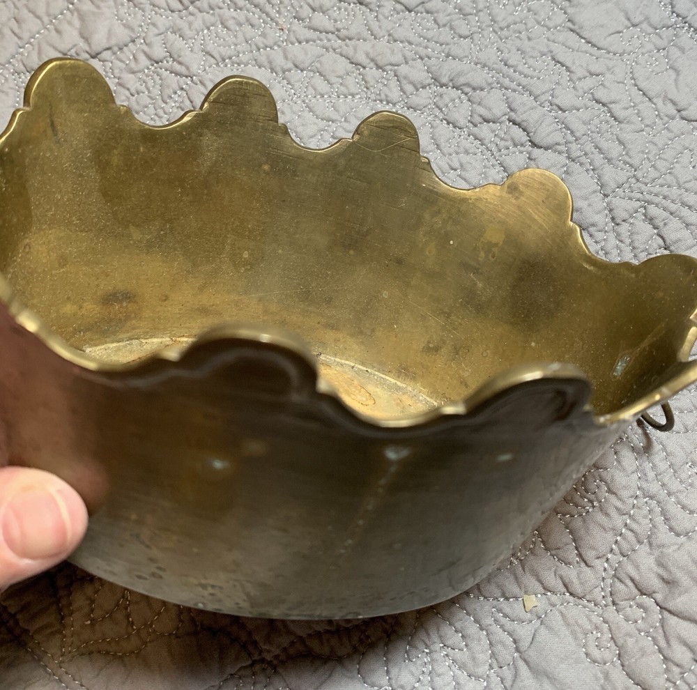 Vintage Solid Brass Planter Cachepot Lion Head Ring Crown Shape #F2
